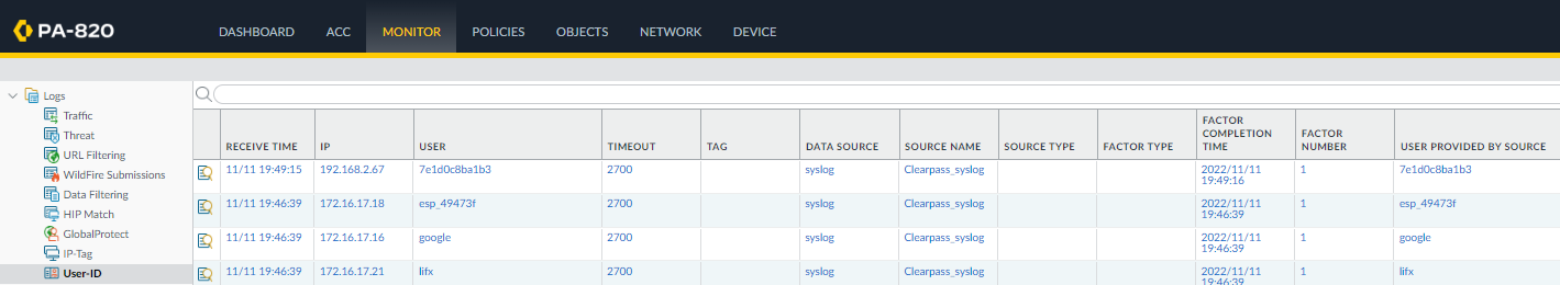 Aruba Clearpass syslog User-ID with Palo Alto